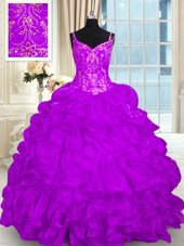 Lace Up Sweet 16 Dress Purple and In for Military Ball and Sweet 16 and Quinceanera with Beading and Embroidery and Ruffles Brush Train