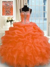 Orange Red Organza Zipper Quinceanera Gown Sleeveless Floor Length Appliques