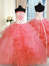 Vintage Watermelon Red Lace Up Quinceanera Dress Pick Ups and Hand Made Flower Sleeveless Floor Length