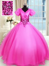Fancy Ball Gowns Quinceanera Gown Hot Pink V-neck Organza Short Sleeves Floor Length Lace Up