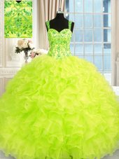 Yellow Green Lace Up Straps Beading and Embroidery and Ruffles Ball Gown Prom Dress Organza Sleeveless