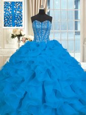 With Train Blue Quinceanera Dresses Organza Brush Train Sleeveless Beading and Ruffles