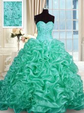 Excellent Pick Ups Ball Gowns Sweet 16 Quinceanera Dress Turquoise Sweetheart Organza Sleeveless With Train Lace Up