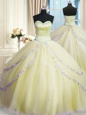 Sweetheart Sleeveless Court Train Lace Up Quinceanera Dresses Light Yellow Organza