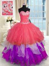 Glittering Multi-color Organza Lace Up Ball Gown Prom Dress Sleeveless Floor Length Beading and Appliques