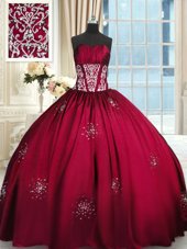 Wine Red Ball Gowns Beading and Appliques and Ruching Quinceanera Dresses Lace Up Taffeta Sleeveless Floor Length
