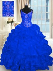 Top Selling Royal Blue Spaghetti Straps Neckline Beading and Embroidery and Ruffles and Pick Ups Sweet 16 Dresses Sleeveless Lace Up