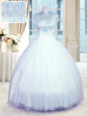 Baby Blue Ball Gowns Tulle High-neck Sleeveless Beading Floor Length Zipper 15 Quinceanera Dress