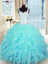 Flare Floor Length Ball Gowns Sleeveless Aqua Blue 15th Birthday Dress Lace Up