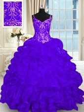 Pick Ups Purple Sleeveless Organza Brush Train Lace Up Quinceanera Dress for Military Ball and Sweet 16 and Quinceanera
