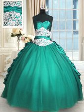 New Style Turquoise Sleeveless Floor Length Beading and Lace and Appliques and Ruching Lace Up Sweet 16 Quinceanera Dress