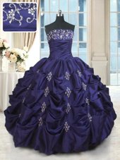 Dramatic Floor Length Lace Up Sweet 16 Quinceanera Dress Dark Purple and In for Military Ball and Sweet 16 and Quinceanera with Beading and Appliques and Embroidery and Pick Ups
