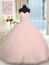 Pink Ball Gowns Beading Quinceanera Dress Lace Up Tulle Sleeveless Floor Length