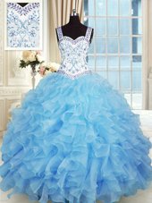 Sexy Baby Blue Ball Gowns Beading and Appliques and Ruffles Vestidos de Quinceanera Lace Up Organza Sleeveless Floor Length