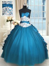 Free and Easy Teal Sweetheart Neckline Beading and Lace and Appliques and Ruching 15th Birthday Dress Sleeveless Lace Up