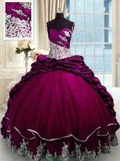 Modest Sweetheart Sleeveless Taffeta Ball Gown Prom Dress Beading and Appliques and Pick Ups Brush Train Lace Up