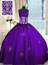 Purple Taffeta Lace Up Quinceanera Dress Sleeveless Floor Length Beading and Appliques and Ruching