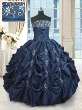 Exquisite Pick Ups Ball Gowns Vestidos de Quinceanera Navy Blue Strapless Taffeta Sleeveless Floor Length Lace Up