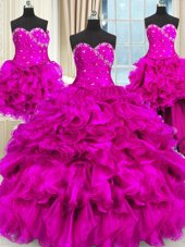 Four Piece Organza Sleeveless Floor Length Quinceanera Dresses and Beading and Ruffles and Ruching