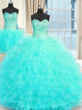 High Quality Three Piece Floor Length Ball Gowns Sleeveless Aqua Blue Quince Ball Gowns Lace Up