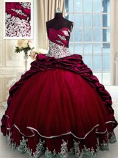 Unique Sweetheart Sleeveless Sweet 16 Dresses With Brush Train Beading and Appliques and Pick Ups Wine Red Taffeta