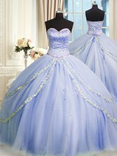 Wonderful Tulle Sweetheart Sleeveless Brush Train Zipper Beading and Appliques Sweet 16 Dresses in Lavender