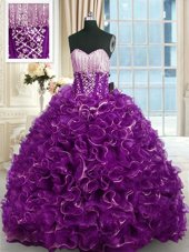 Fabulous Beading and Ruffles Sweet 16 Dresses Purple Lace Up Sleeveless With Brush Train