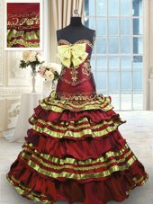 Fashion Wine Red A-line Taffeta Sweetheart Sleeveless Appliques and Embroidery and Ruffled Layers and Bowknot Lace Up Quinceanera Gowns Sweep Train