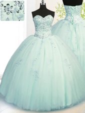 Traditional Sleeveless Tulle Floor Length Lace Up Sweet 16 Quinceanera Dress in Apple Green for with Beading and Appliques