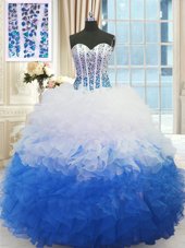 Blue And White Organza Lace Up Sweetheart Sleeveless Floor Length Sweet 16 Quinceanera Dress Beading and Ruffles