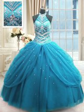 Baby Blue Sleeveless Floor Length Beading Lace Up Quince Ball Gowns