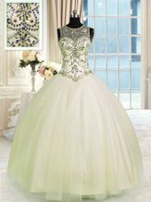 Scoop Floor Length Champagne Vestidos de Quinceanera Tulle Sleeveless Beading