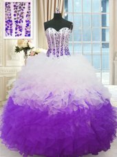 Pretty White And Purple Lace Up Sweetheart Beading and Ruffles Sweet 16 Dresses Organza Sleeveless