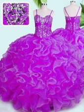 Fuchsia Lace Up Spaghetti Straps Beading and Ruffles Ball Gown Prom Dress Organza Sleeveless