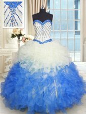 Floor Length Blue And White Sweet 16 Quinceanera Dress Organza Sleeveless Beading and Ruffles