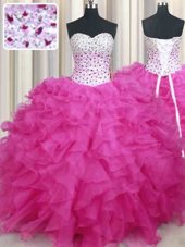 Halter Top Sleeveless Organza Floor Length Lace Up 15 Quinceanera Dress in Hot Pink for with Beading and Ruffles