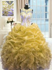 High Quality Scoop Floor Length Ball Gowns Sleeveless Gold Quince Ball Gowns Zipper