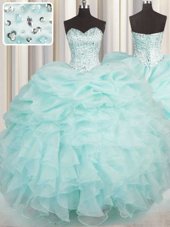 New Arrival Sweetheart Sleeveless Quinceanera Gowns Floor Length Beading and Ruffles Aqua Blue Organza