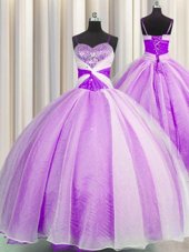 Spaghetti Straps Floor Length Lilac Sweet 16 Dresses Organza Sleeveless Beading and Sequins and Ruching