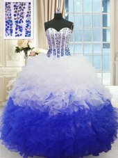 Spectacular Sweetheart Sleeveless Sweet 16 Dresses Floor Length Beading and Ruffles Blue And White Organza