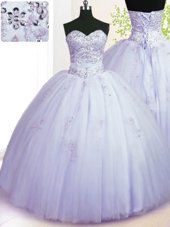 Simple Lavender Ball Gowns Tulle Sweetheart Sleeveless Beading and Appliques Floor Length Lace Up Sweet 16 Dress