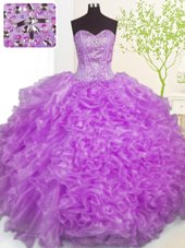 Superior Purple Organza Lace Up Quinceanera Gown Sleeveless Floor Length Beading and Ruffles and Pick Ups