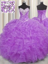 Excellent Halter Top Sleeveless Sweet 16 Dresses Floor Length Beading and Ruffles Purple Organza