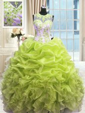 Flare Yellow Green Ball Gowns Scoop Sleeveless Organza Floor Length Zipper Beading and Ruffles Sweet 16 Dress