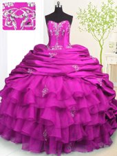Modern Pick Ups Ruffled Fuchsia Sleeveless Organza and Taffeta Brush Train Lace Up Quinceanera Dresses for Military Ball and Sweet 16 and Quinceanera