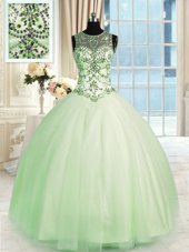 Eye-catching Scoop Beading Quinceanera Dress Apple Green Lace Up Sleeveless Floor Length