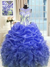 Attractive Scoop Sleeveless Organza Floor Length Zipper Quinceanera Dress in Blue for with Beading and Ruffles