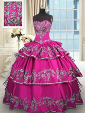 Flirting Fuchsia Sleeveless Floor Length Embroidery and Ruffled Layers Lace Up 15th Birthday Dress