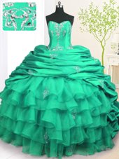 Noble Pick Ups Ruffled Brush Train Ball Gowns Quinceanera Dress Turquoise Strapless Organza and Taffeta Sleeveless With Train Lace Up