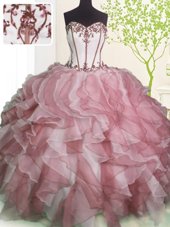Sleeveless Floor Length Ruffles Lace Up Quinceanera Gowns with Pink And White
